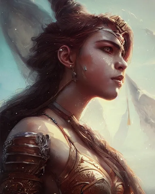 Image similar to A beautiful female warrior posing on a boat, beautiful face, highly detailed face, close-up, fantasy woman, fantasy art, in the style of greg rutkowski, illustration, epic, fantasy, intricate, hyper detailed, artstation, concept art, smooth, sharp focus, ray tracing