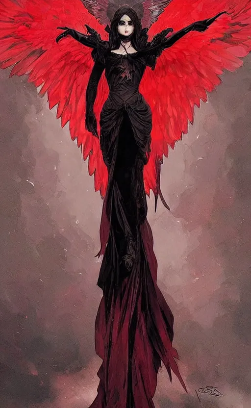 Image similar to Female dark angel in gothic red and black dress, their black wings are extended. By artgerm and greg rutkowski and alphonse mucha