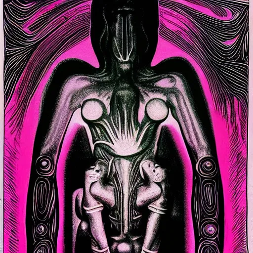 Image similar to post - punk new age album cover, magic, apocalypse, psychedelic, black white pink, magic, giger h. r.