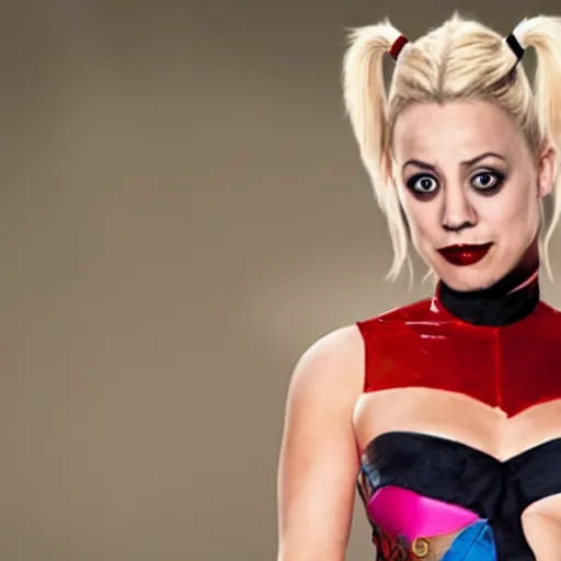 Image similar to A still of Kaley Cuoco as Harley Quinn