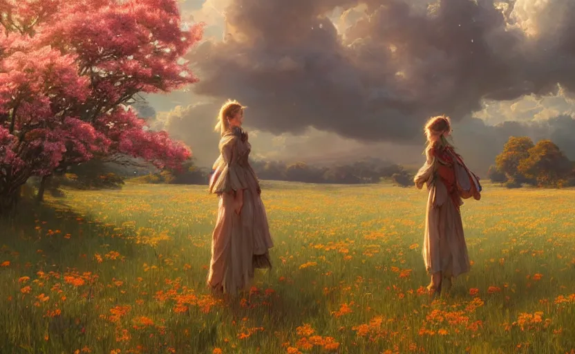 Image similar to detailed intricate digital illustration by greg rutkowski and artgerm and wlop and sanford robinson gifford ; girl standing in beautiful meadow with colorful flowers and puffy clouds in background ; 1 3 mm film, arri alfa anamorphic lens ; sharp focus, golden hour lighting, trending on artstation 4 k ; close view