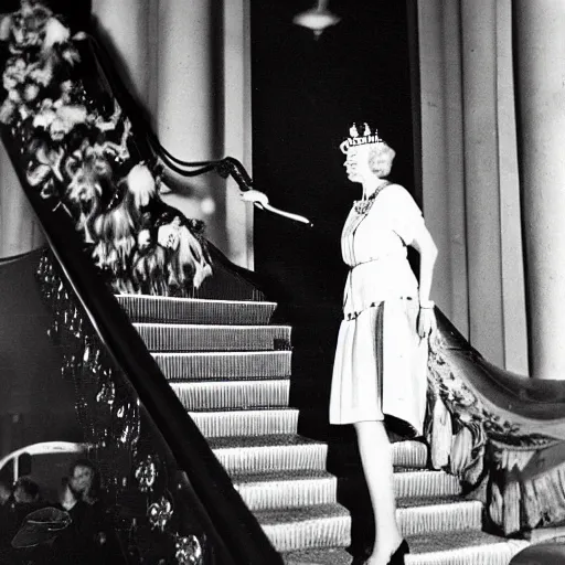 Prompt: a medium full shot, vintage historical fantasy 1 9 3 0 s kodachrome slide german and eastern european mix of a photographic portrait of the queen attending a royal tour. she is shown descending a staircase from a luxurious plane, waving to the crowd below. she is donning a pencil skirt and peplum jacket in a green skirt suit.