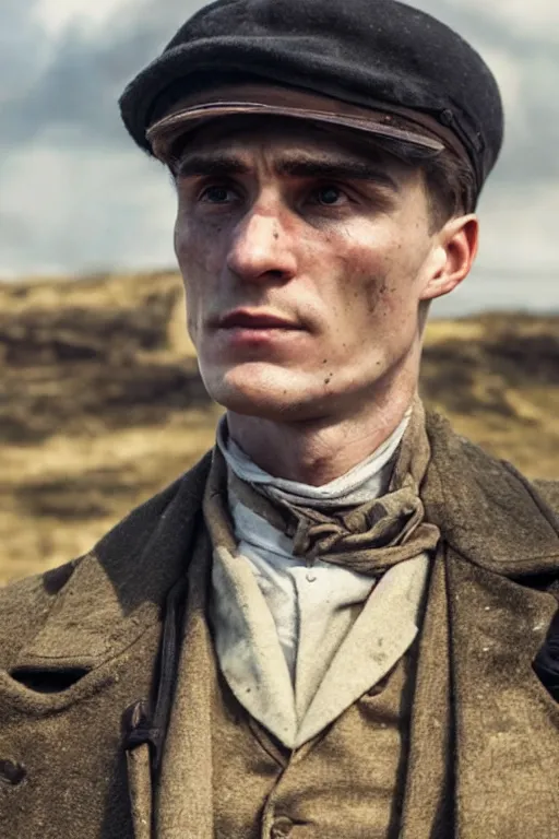 Image similar to a portait photo of Thomas Shelby in a battlefield, epic image, path tracing, complementary colours, high quality, 4k HDR, dramatic lighting, cinematic, highly detailed, high coherence, dedined face, anatomically correct, five fingers, war, cold environment