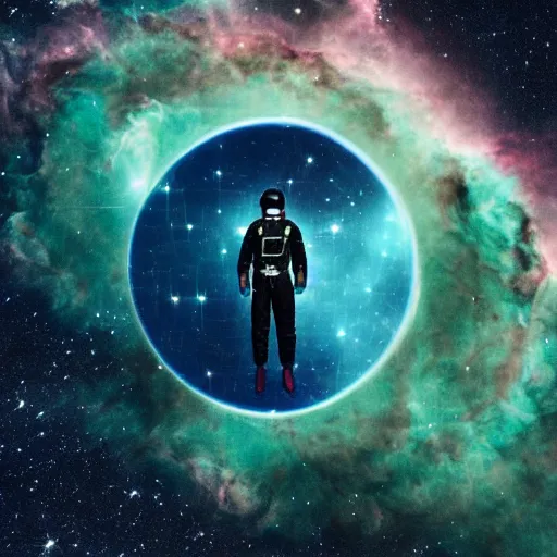 Image similar to modern double exposure monochrome spacesuit over a brilliant iridescent nebula.