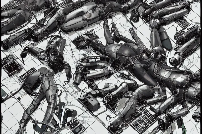 Image similar to a cyberpunk illustration of a group of female androids in style of masamune shirow, lying on an empty, white floor with their bodies scattered across in different poses and cables and wires coming out, by yukito kishiro and katsuhiro otomo, hyper-detailed, intricate, view from above