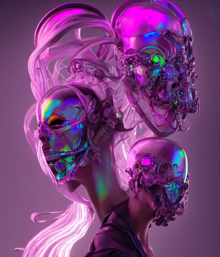 Image similar to iridescent portrait of a beautiful princess of death in robe. hard surface modelling. cyberpunk look. biomechanical mask. bio luminescent biomechanical halo around head. neon jellyfish. artwork by jarold Sng by artgerm, by Eddie Mendoza, by Peter mohrbacher by tooth wu, unreal engine, octane render, cinematic light, high details, iridescent colors, dichroic, macro, 4l