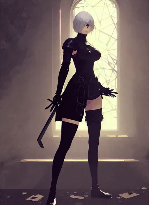 Prompt: portrait of 2 b from nier automata in an abandoned church, dead robots, a large katana, intricate, elegant, glowing lights, highly detailed, digital painting, artstation, concept art, smooth, sharp focus, illustration, art by wlop, mars ravelo and greg rutkowski