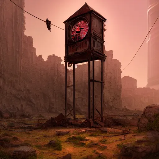 Image similar to an abandoned old rusty clocktower in a dark enormous cave, Low level, rendered by Beeple, Makoto Shinkai, syd meade, simon stålenhag, synthwave style, digital art, unreal engine, WLOP, trending on artstation, 4K UHD image, octane render