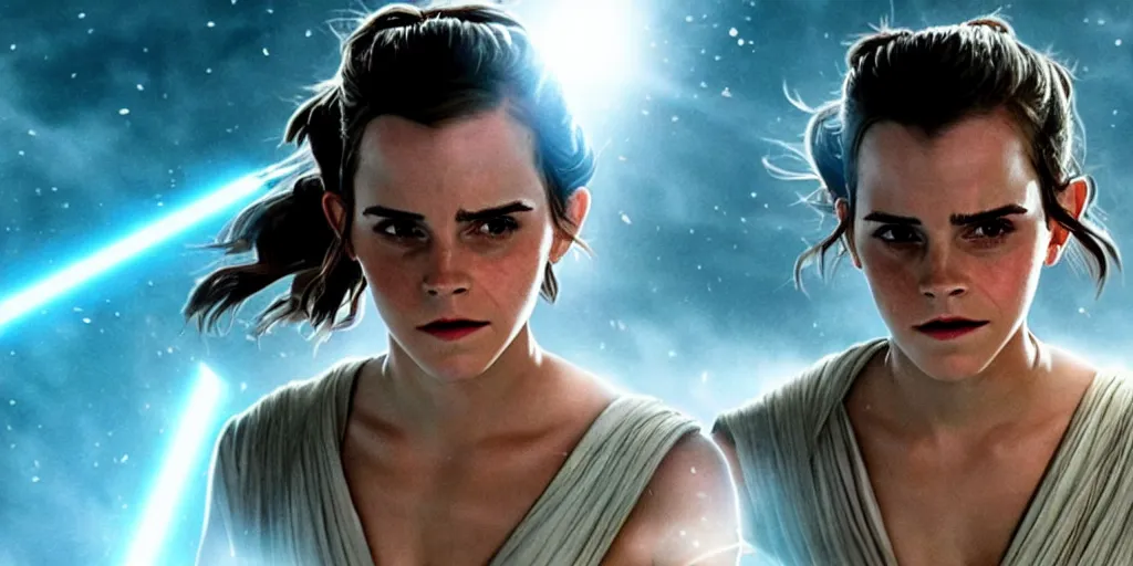 Image similar to emma watson as rey in the new star wars movie, cinematic, detailed, lens flare