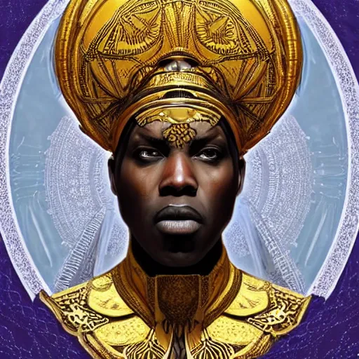 Image similar to symmetry!! an african moor wearing white robes and turban entering the voidspace. ornate, golden, steampunk stargate. front game card. marvel comics. dark. intricate. highly detailed. smooth. artstation. digital illustration by ruan jia, mandy jurgens, artgerm, wayne barlowe, greg rutkowski, and zdislaw beksinsk.