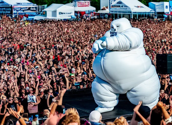 Image similar to photo still of the michelin man on stage at vans warped tour!!!!!!!! at age 3 8 years old 3 8 years of age!!!!!!! stage diving into the crowd, 8 k, 8 5 mm f 1. 8, studio lighting, rim light, right side key light