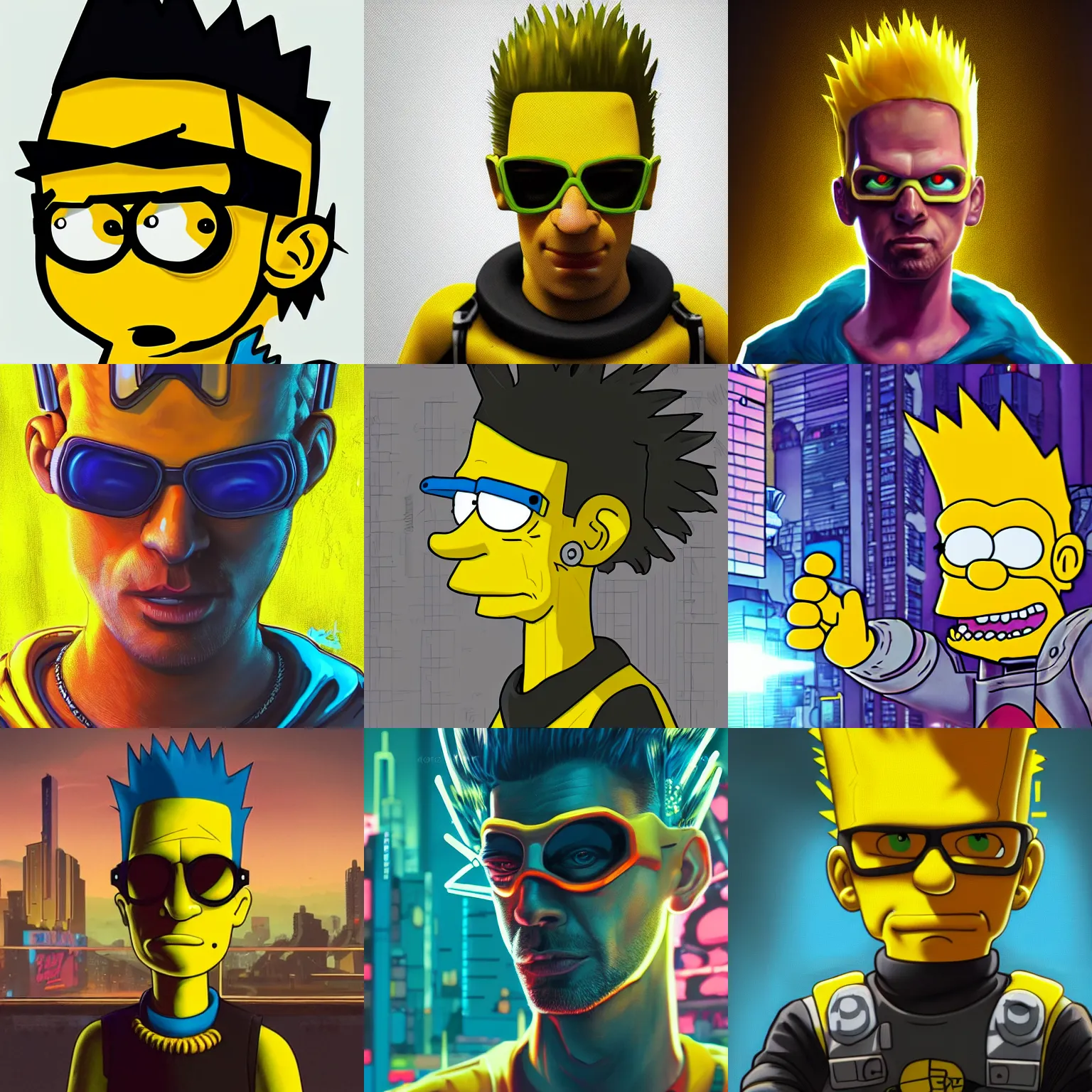 Prompt: cartoon portrait of Bart Simpson as a character in Cyberpunk 2077, looking at camera, intricate, dystopian, sci-fi, extremely detailed, cartoon, artstation