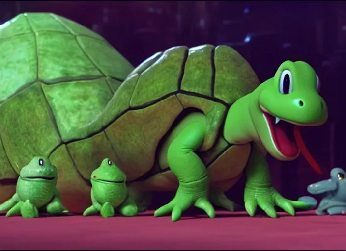 Image similar to film still of yoshi in the new sci - fi movie, cute upright dinosaur with a small turtle shell and long tongue, 8 k