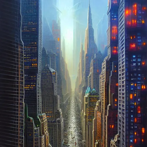 Prompt: a cityscape of new york in the future, flying cars, huge buildings, bright lights, digital painting, artstation, concept art, illustration, artgerm, tomasz alen kopera, peter mohrbacher, donato giancola, joseph christian leyendecker, wlop, boris vallejo