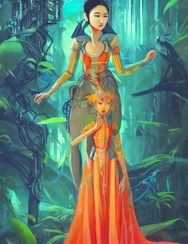 Image similar to southeast asian scifi princess of the cloud forest, wearing a lovely dress with cyberpunk details. this oil painting by the beloved children's book author has an interesting color scheme and impeccable lighting.