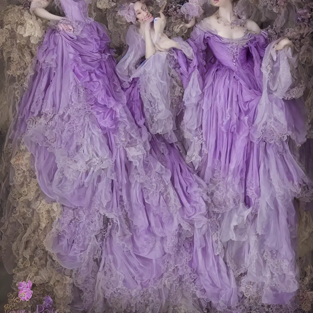 Prompt: purple dress in the style of rococo ，Victorian era，jellyfish element，dreamy, soft ,Backlight ,luminescence，highly detailed,8k