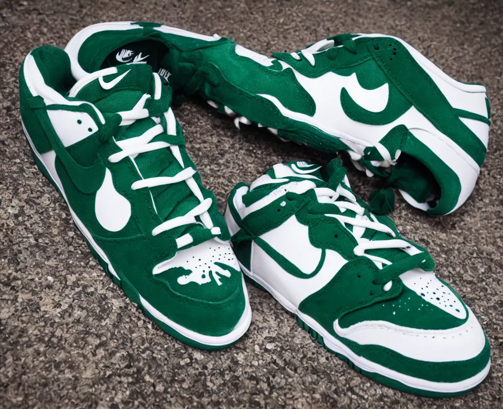 Prompt: a press photograph of nike dunks low pine green and white, size 1 0, white background