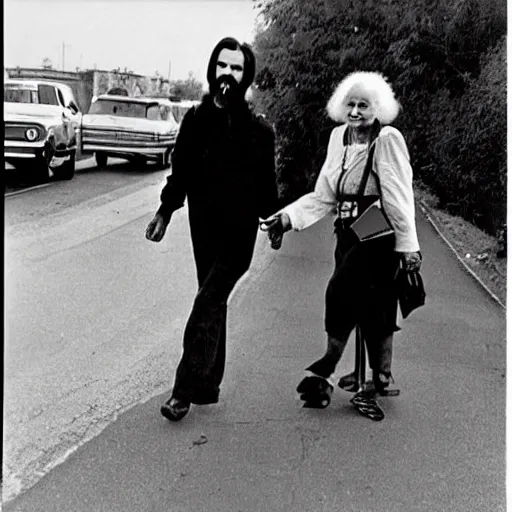 Prompt: Charles Manson helping an old lady crossing the road