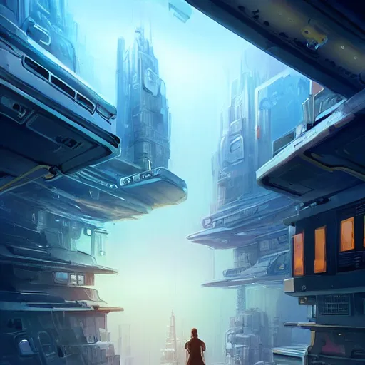 Image similar to an intricate concept art illustration, middle shot, a man in his bed wearing a lab gown with electronic wires, overlooking a futuristic city, concept art, style by dylan cole and tyler edlin art, hyper realistic, sci - fi, cinematic, low - angle shot, unreal engine, epic lighting, artstation