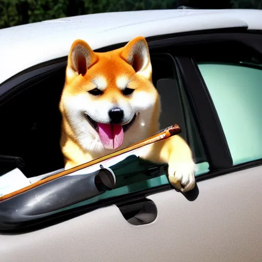 Image similar to shiba inu with a cigar in mouth inside a toyota supra