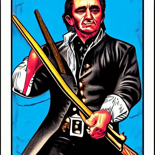 Prompt: fantasy art ultra detailed color johnny cash as a revolutionary war warrior bayoneting a traitor fbi agent