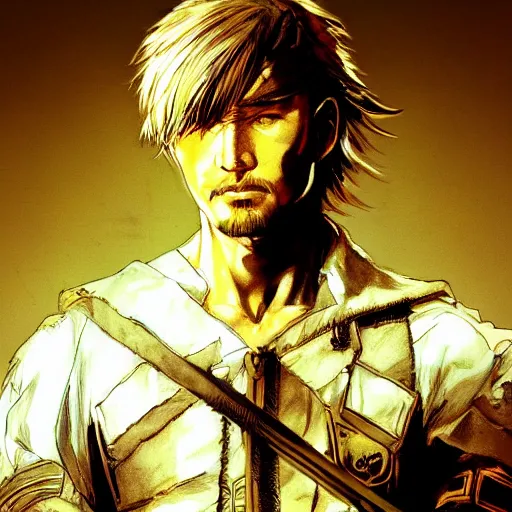 Image similar to portrait of a hero holding his sword in front of his face by yoji shinkawa, high quality, extra details, realism, ornate, colored, golden chain, blood, white skin, short hair, brown eyes, vivid, sunlight, dynamic, american man, freedom, white american soldier, pencil art