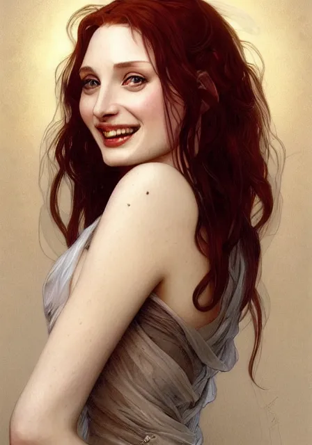 Image similar to sansa angeline jolie gessica chastain vampire teeth, intricate, elegant, highly detailed, digital painting, artstation, concept art, smooth, sharp focus, illustration, art by artgerm and greg rutkowski and alphonse mucha and william - adolphe bouguereau