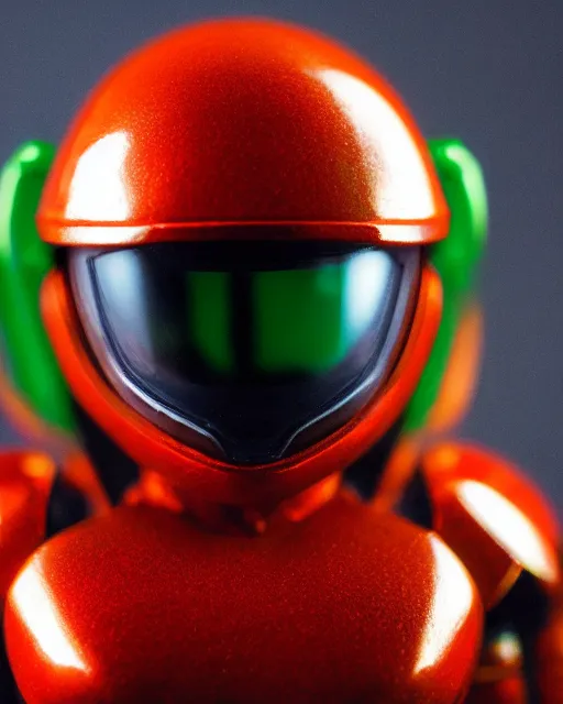 Image similar to helmet portrait of a figurine of samus aran's varia power suit from the sci - fi nintendo videogame metroid. designed by hiroji kiyotake. glossy. red round helmet, orange shoulder pads, green visor. shallow depth of field. suit of armor.