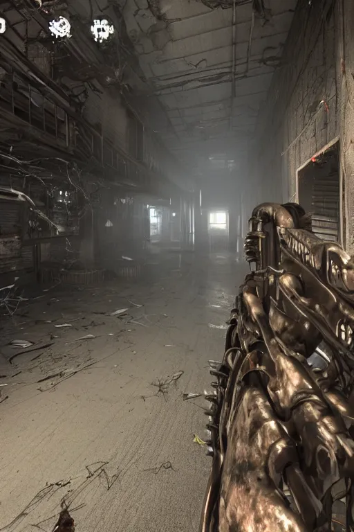 Image similar to screenshot from horror fps, biomechanical first person weapon, dilapidated factory level, unreal engine, had 8 k