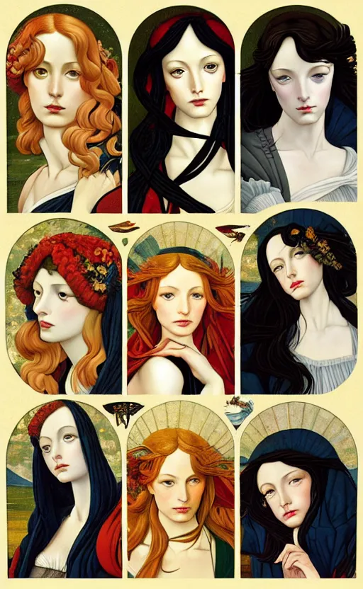 Image similar to the 12 months of the year as figures, (3 are Winter, 3 are Spring, 3 are Summer and 3 are Autumn), in a mixed style of Botticelli and Æon Flux, inspired by pre-raphaelite paintings and shoujo manga, hyper detailed, stunning inking lines, flat colors, 4K photorealistic