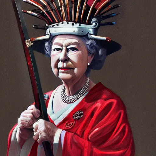 Image similar to a beautiful painting of old queen elizabeth ii dressed as japanese samurai with katana, realistic, portrait, full body, hd, 8 k, 4 k,