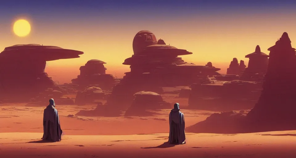 Image similar to beautiful wide shot tatooine landscape, obi wan kenobi, Luke skywalker, land-speeder, Star Wars a new hope 1977, studio ghibli, Miyazaki, Greg rutkowski, Jean girard, Moebius , animation, golden hour, highly detailed, hdr, vivid color, 70mm