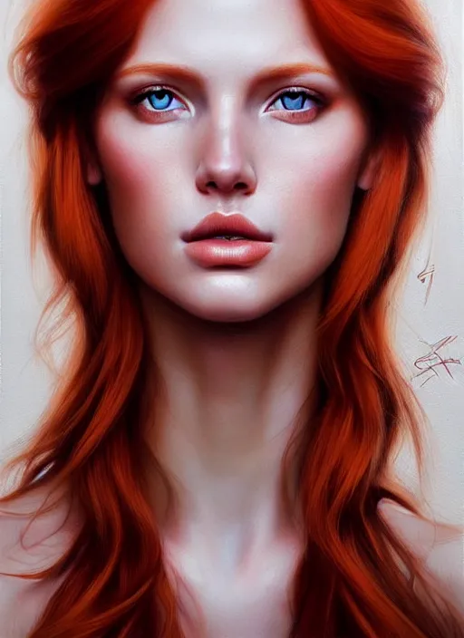 Image similar to portrait photo of a gorgeous young redhead woman with intricate eyes drawn by Emilio villalba and adrian gottlieb, in the style of stefan kostic, realistic, sharp focus, 8k high definition, insanely detailed, intricate, elegant, art by stanley lau and artgerm