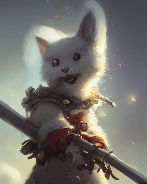 Image similar to whimsical fluffy warrior of hiyabusa square, scarf, sword and shield, close up, details, sharp focus, elegant, highly detailed, illustration, by jordan grimmer greg rutkowski wlop maya takamura, intricate, trending artstation, pixiv, digital art