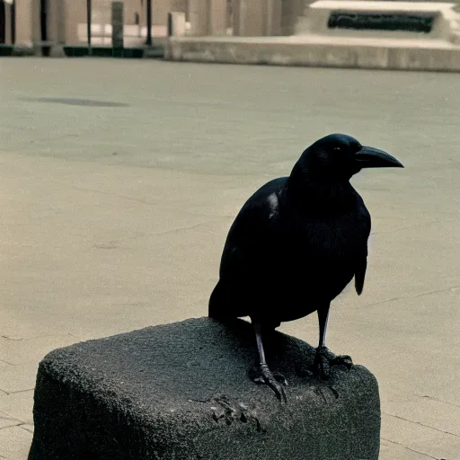 Prompt: close up of a obese crow with a round body short legs and large black beak sitting in a black stone obelisk, high resolution film still, film by Jon Favreau