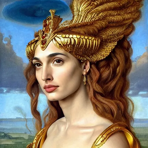 Image similar to Head and shoulders masterpiece portrait oil painting of the beautiful goddess Gal Gadot as Atenea, she is wearing roman clothes and a surreal jewelry, her hair is natural disheveled, she is approaching heaven over the clouds, naturalism, dramatic lighting, high-detailed oil painting by Ilya Repin, Michelangelo da Caravaggio, William Blake, Alex Grey and Beksinski, trending on Artsation, hystorical painting, naturalism, masterpiece, 4k, 8k,