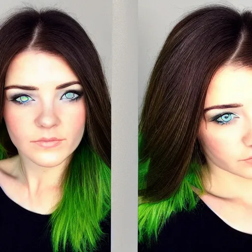 Image similar to brunette woman, flipped hairstyle, bright green eyes