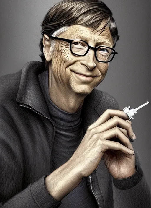 Image similar to bill gates as a lizard reptile!!!, holding a syringe, portrait, intricate, elegant, highly detailed, digital painting, artstation, concept art, wallpaper, smooth, sharp focus, illustration, art by h. r. giger and artgerm and greg rutkowski and alphonse mucha