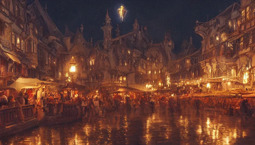 Image similar to medieval city festival near lake at night, beautiful lit lamps, 8 k highly detailed art, intricate, stanley lau, artgerm, artstation, smooth, far shot, wlop, alphonse mucha, cinematic shot, cinematic lighting