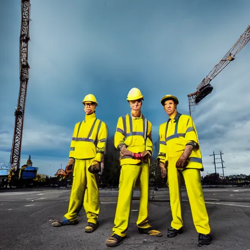 Prompt: black, shadowy, tall figures wearing yellow hard hats