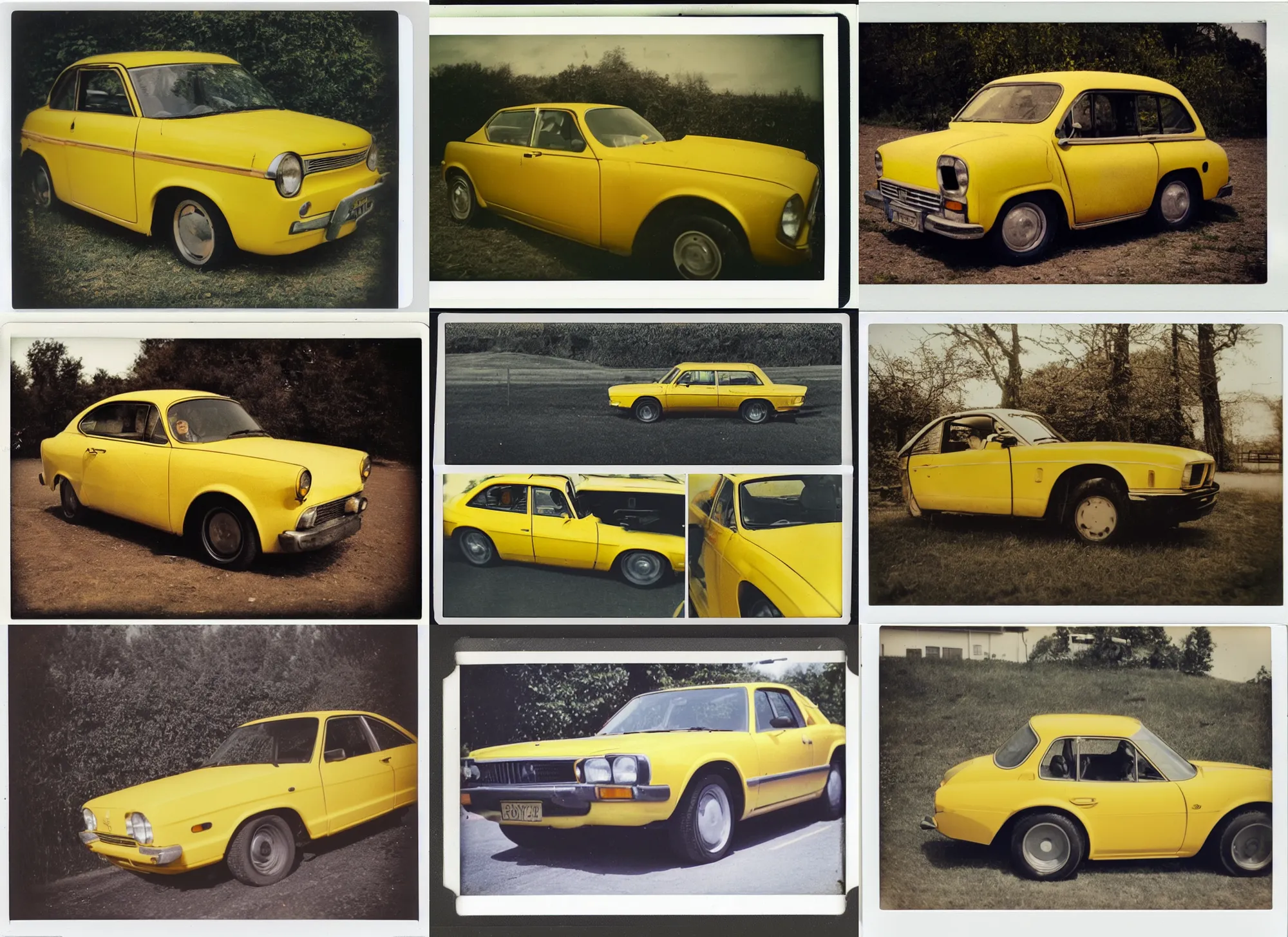 Prompt: old polaroid shots of a yellow car