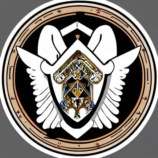 Prompt: svg vector sticker of absolutely divine-deity-angel-eagle heraldry, royalty, family-crest, rocking out, wearing headphones, huge speakers, dancing, rave, DJ, spinning records, digital art, amazing composition, rule-of-thirds, award-winning, trending on artstation, featured on deviantart