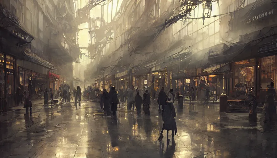 Prompt: Antique store in a Dieselpunk city, shopping street, shopwindows, light, shadows, reflections, steam, epic composition, intricate, elegant, volumetric lighting, digital painting, highly detailed, artstation, sharp focus, illustration, concept art, ruan jia, steve mccurry