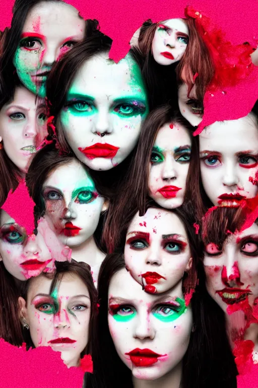 Prompt: glitched mix of endless female faces and red paint in style of neo-dada