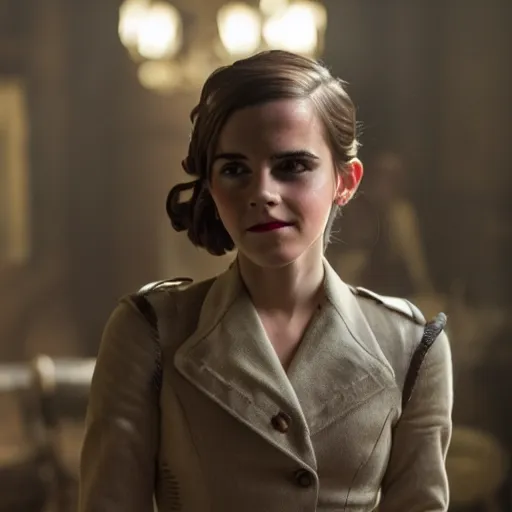 Image similar to Emma Watson in Inglorious Basterds, Movie still, XF IQ4, 50mm, F1.4, studio lighting, professional, 8K, Look at all that detail!