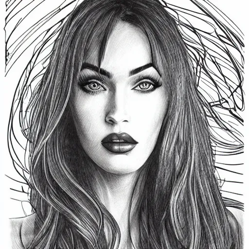 Image similar to “Megan Fox, portrait!!! Portrait based on doodles, scribbled lines, sketch by Liz Y Ahmet, monochrome, concept Art, millions lines, white background, ultra detailed portrait, 4k resolution”