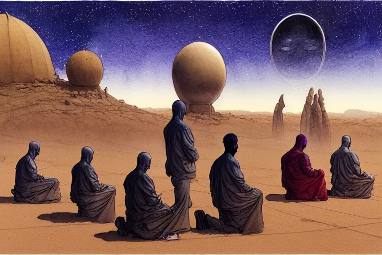 Image similar to a hyperrealist watercolour character concept art portrait of a group of middle eastern men kneeling down in prayer in front of a giant alien on a misty night in the desert. a ufo is in the background. by rebecca guay, michael kaluta, charles vess and jean moebius giraud