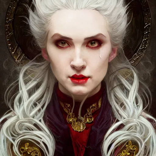 Prompt: portrait of a menacing beautiful vampire, by Stanley Artgerm Lau , greg rutkowski, thomas kindkade, alphonse mucha, loish, norman rockwell, J. C. Leyendecker. blinding white hair, pale skin, sinister complexion, beautiful detailed eyes, rose. D&D, fantasy. Trending on artstation rule of thirds extremely detailed illustration hd 4k