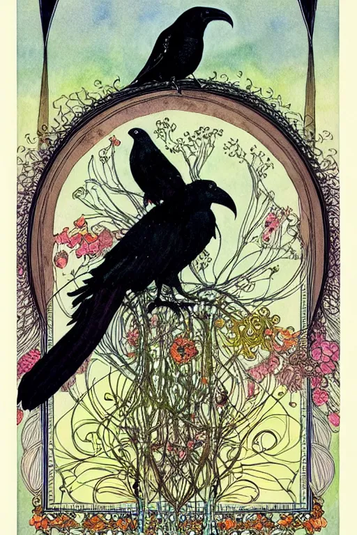 Prompt: single realistic raven in the center of an ornate floral frame, art by kay nielsen and walter crane, illustration style, watercolor