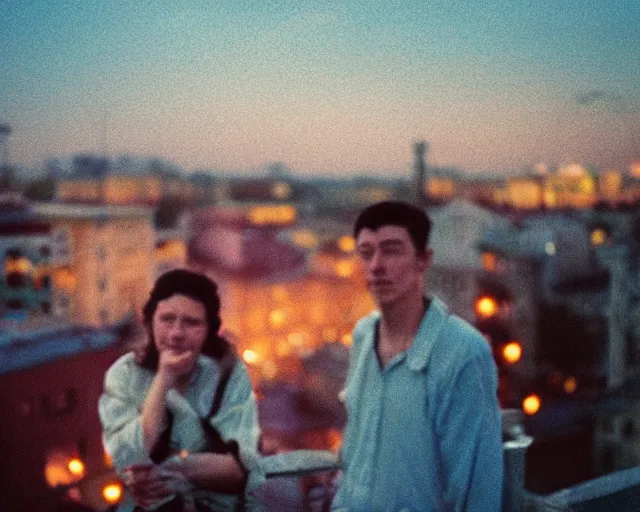 Image similar to lomo photo of pair standing on small hrushevka balcony full with cigarette smoke in small russian town looking at sunset, cinestill, bokeh